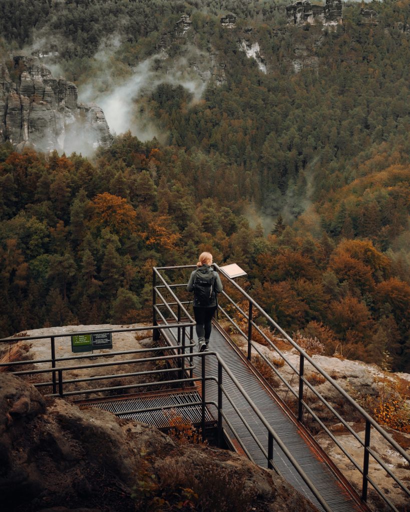 Camping Sächsische Schweiz - Frau steht auf einem Metallgestell und blickt von oben auf eine herbstliche Waldlandschaft 