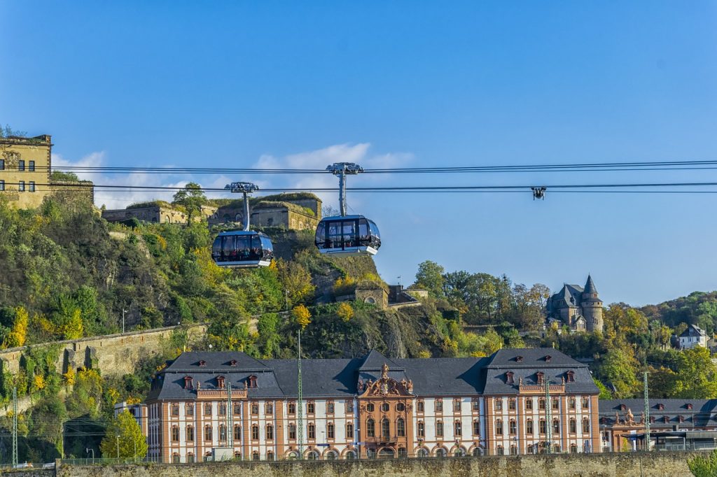 Campingplätze am Fluss - Blick auf die Seilbahn in Koblenz.